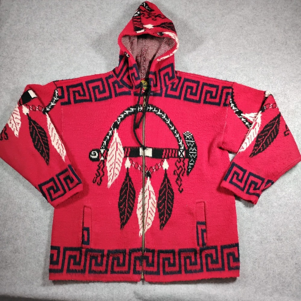 Rumiñahui Hooded Wool Zip Up Jacket Unisex Large Red Southwestern Tribal Boho